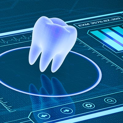 A 3D tooth suspended over high-tech digital displays